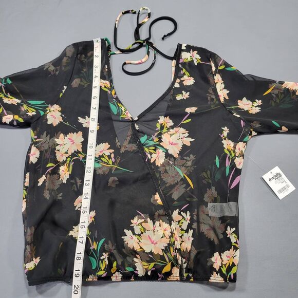 Charlotte Russe Black Floral Shirt NEW Long Sleeves Sheer Crop Blouse Women's S - Picture 7 of 9